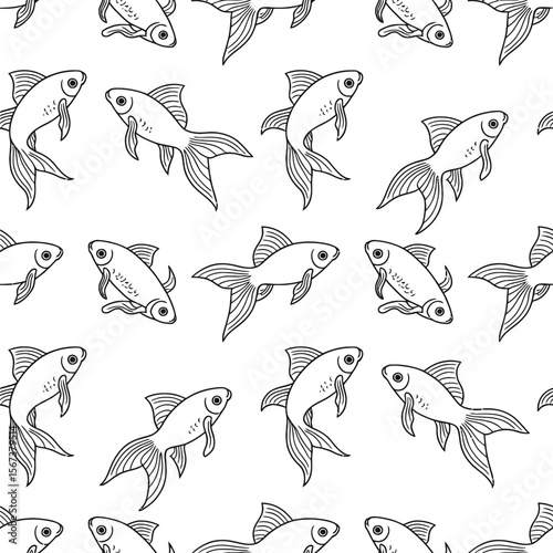 Silhouette vector repeat goldfish pattern in bold style with cartoon fins and underwater shell forms