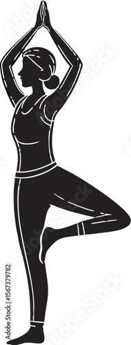 Solo Woman Doing Yoga Tree Pose Silhouette Vector