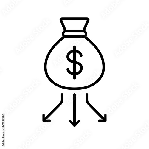 Outline money bag icon with arrows symbolizing fund distribution