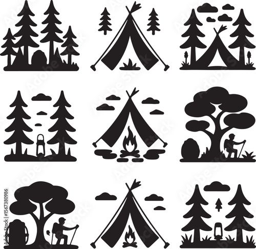 Camping Icons A Collection of Nine Black and White Silhouettes for Outdoor Adventures