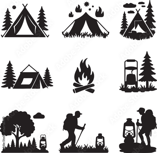 Camping Icons Tent, Fire, Hiking, and Nature Silhouettes