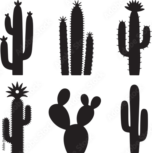 Silhouette Collection Diverse Cactus Species in Black and White