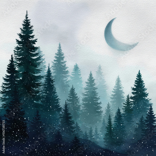 Watercolor painting of a moonlit winter forest