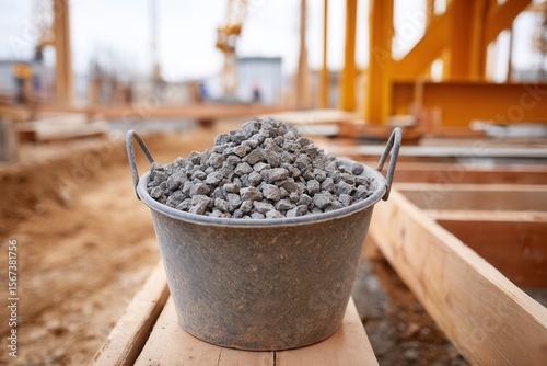 Metal bucket filled with gravel at construction site with wooden framework.