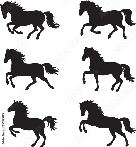 Six Elegant Black Horse Silhouettes Running, Galloping, and Posing