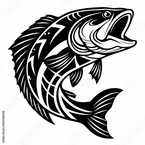 Dynamic black and white tribal style jumping fish illustration