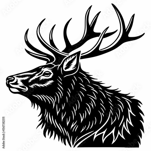 Majestic stag head with elaborate antlers in black and white
