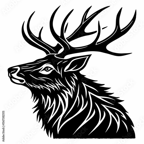 Majestic stag head with elaborate antlers in bold black and white