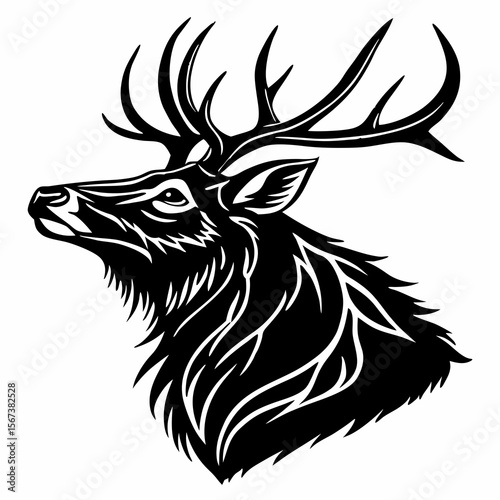 Majestic black and white elk head with elaborate antlers