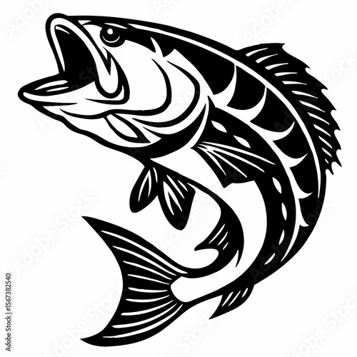 Stylized black and white largemouth bass leaping from water