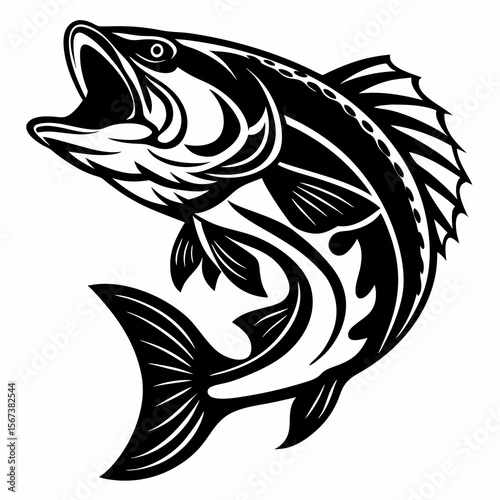 Stylized black and white jumping largemouth bass fish illustration