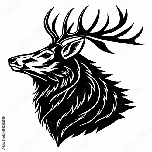 Majestic stag head with elaborate antlers in bold black and white