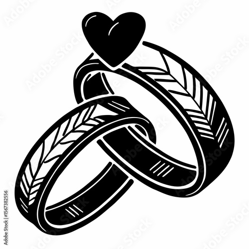 Intertwined wedding bands with a heart symbol above