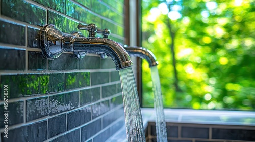 Faucet streams into bath, green foliage beyond window
