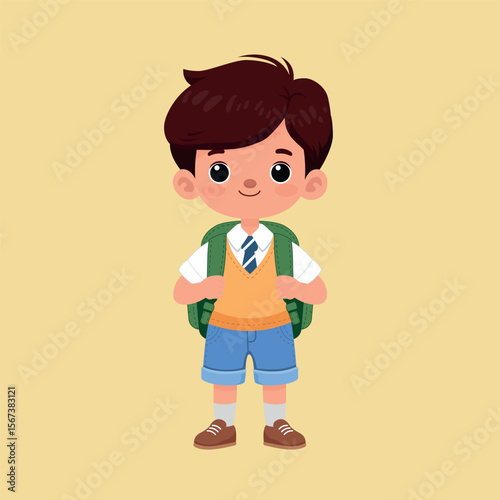 LIttle boy wtih backpack ready for school illustration