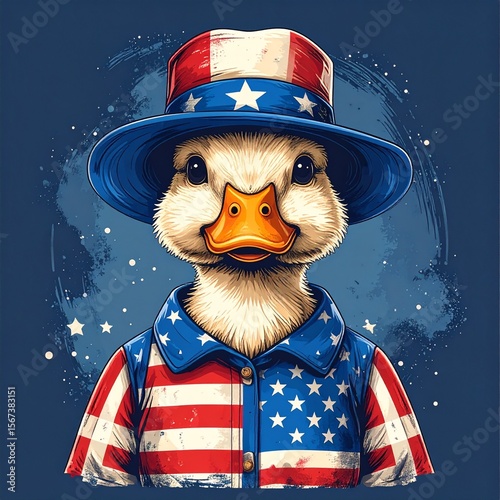Patriotic Duck: A charming duck, dressed in a patriotic outfit and hat, stands against a backdrop of stars, embodying the spirit of freedom and national pride.