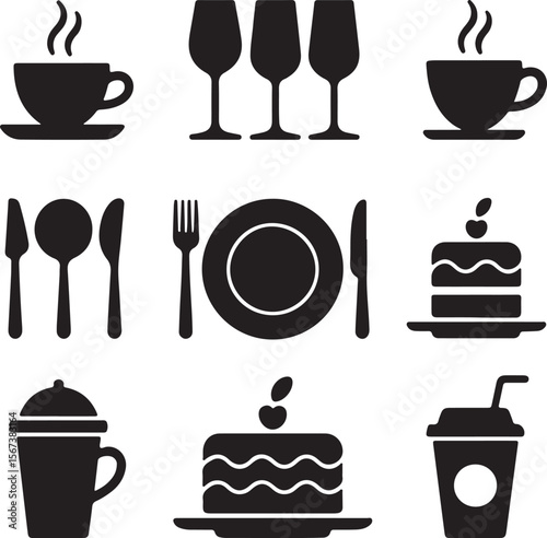 Restaurant Menu Icons Coffee, Cake, Cutlery, and Drinks