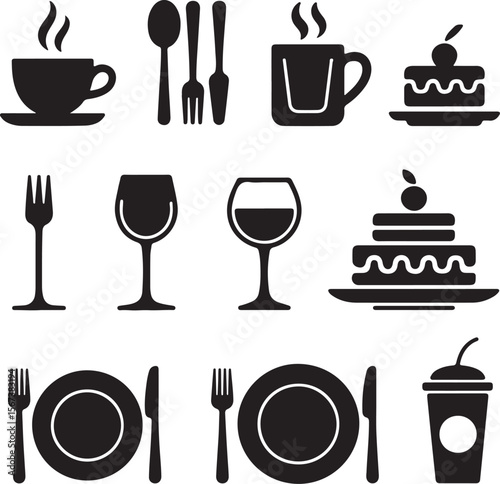 Restaurant Menu Icons Coffee, Wine, Dessert, and Cutlery Silhouettes