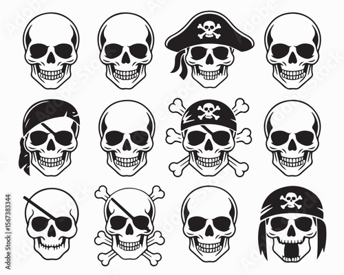 Collection of twelve skull illustrations with various headwear and accessories in black and white