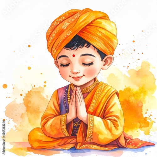 Serene Indian Child in Prayer: A young Indian child, adorned in traditional attire, sits peacefully in a meditative pose. With eyes gently closed and hands clasped in prayer.
