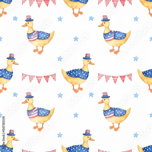 Patriotic Duck Decor: Charming watercolor illustration showcases playful ducks adorned in patriotic attire, surrounded by festive banners and stars, creating a whimsical and celebratory atmosphere.