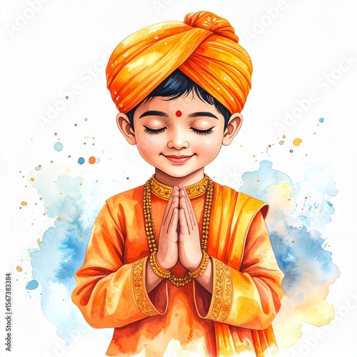 Young Monk's Devotion: A serene young monk, radiating peace with hands clasped in prayer, is depicted in an artful watercolor illustration, with eyes closed and a calm, orange attire.