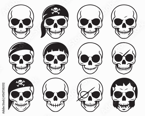 Collection of twelve skull illustrations with various headwear and accessories in black and white