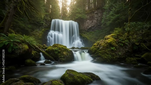 Forest waterfall cascades over moss-covered rocks, sunlit trees background, nature serenity