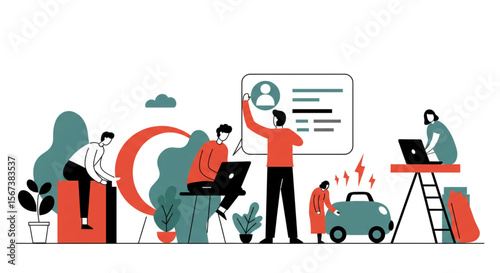 Illustration depicts people interacting with technology, a car, and a large graphic element.