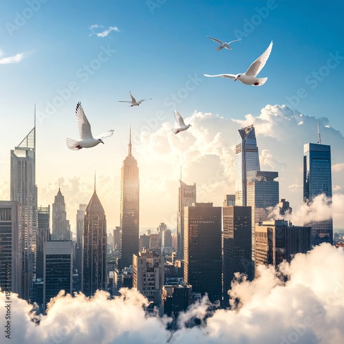 Skyline Soaring: Majestic city skyline, with birds gliding through clouds in a display of urban-nature harmony. A visual representation of the city's magnificence