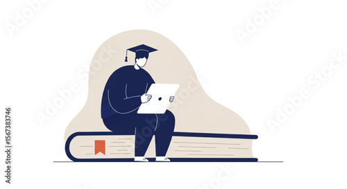 A graduate student wearing cap and gown reading from a tablet device while seated on a large book.