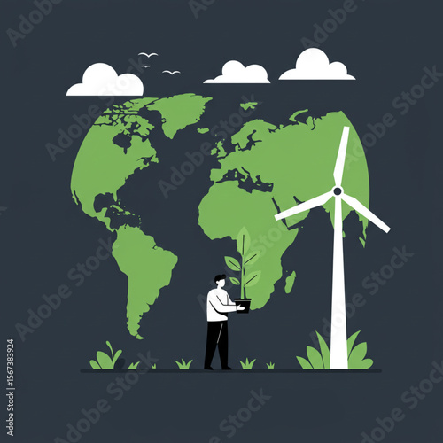 A person plants a sapling on a stylized Earth, surrounded by a wind turbine, symbolizing environmental conservation.