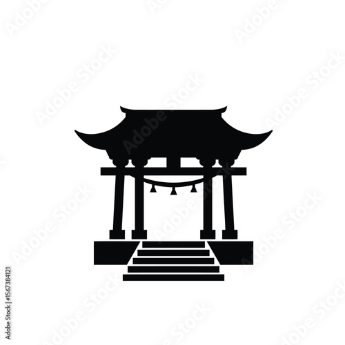 Black silhouette of a Japanese shrine with bells and steps