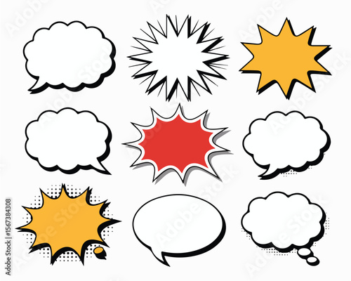 Yellow speech bubble, label, banner, comic burst, and sticker collection for design, pop art, web graphics, comics, and marketing. Enhance creativity and style in projects with vibrant elements