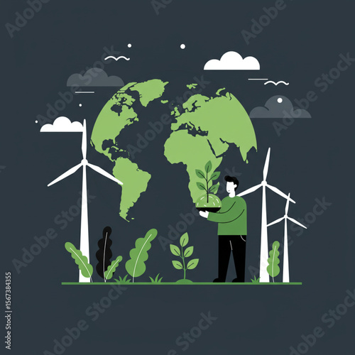 A person cultivates a young plant before a green Earth, symbolizing environmental conservation and sustainable energy with wind turbines.