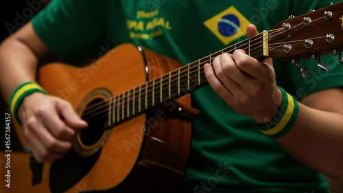 Person playing acoustic guitar wearing a green shirt with the brazilian flag and wristbands on their arms