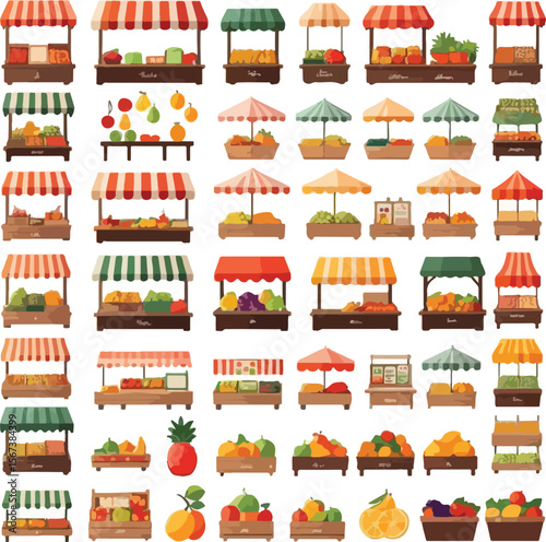 A collection of various market stalls with different colored tops