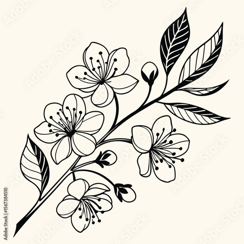 Black and white floral branch illustration