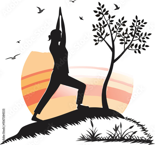 Yoga at Sunset with Hands Raised Silhouette Vector