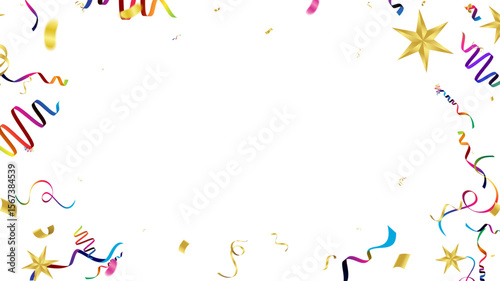 Stepping Towards Success Golden Stars and Lively Streamers Frame, Clean White Background, Product Launch, Promotion, Inspiration, Excellence.