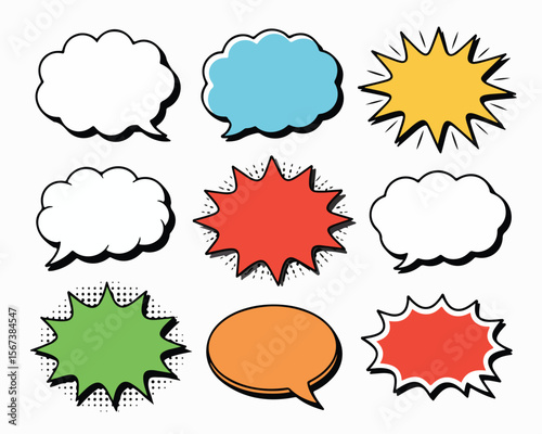 Yellow speech bubble, label, banner, comic burst, and sticker collection for design, pop art, web graphics, comics, and marketing. Enhance creativity and style in projects with vibrant elements