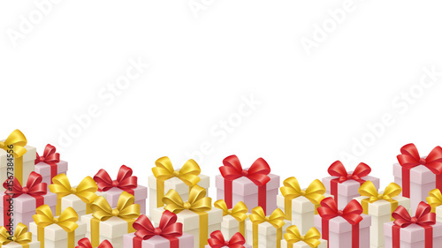 Pile of Gifts Ready for Delivery Beautiful Red and Gold Ribbons, Top Space for Text or Logo, Gifting, Bonus, Reward.
