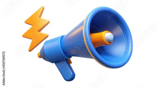 3d illustration of a blue megaphone symbolizing announcement with orange lightning bolt.