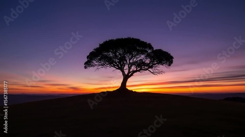 Hilltop tree silhouette at sunset, distant mountains, vibrant sky, nature wallpaper