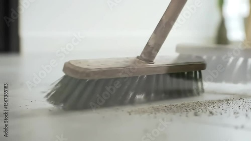 Indoor floor sweeping with brush, near wall, cleaning