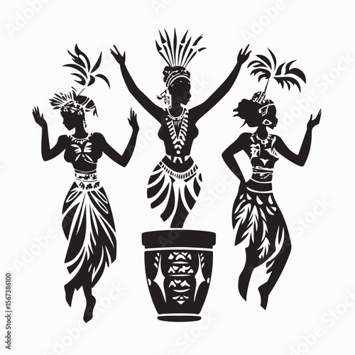 African Tribal People Playing Music And Dancing Woman Performing With Drums In Tribe Vector