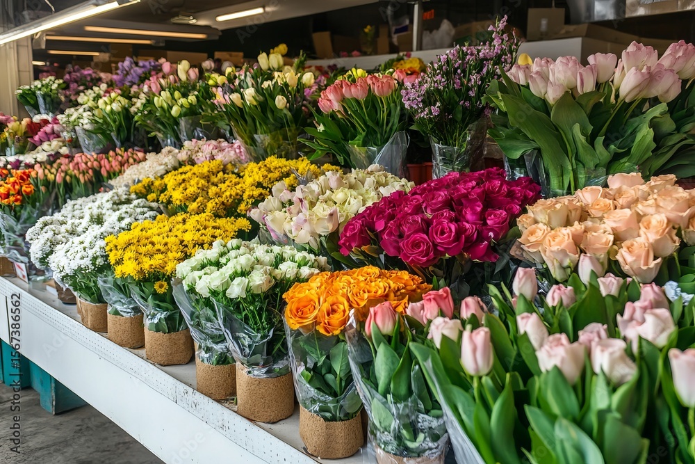 Fototapeta premium Colorful fresh flower bouquets on vibrant market stall for lively spring decoration and joyful celebration atmosphere