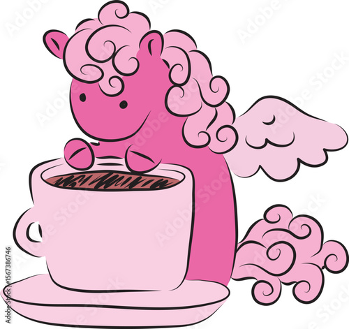 Cute little pink pegasus pony with curly mane sitting next to cup with drink, contour curved lines drawn by hand with a black brush