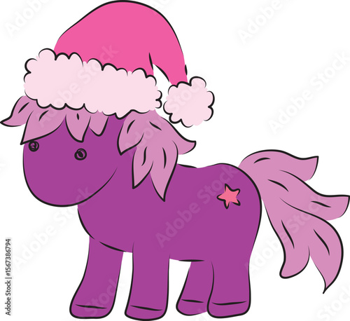 Cute purple pony standing in a pink Christmas hat, contour curved lines drawn by hand with a black brush