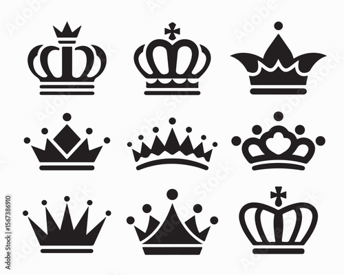 Regal crown vector illustration set, showcasing different styles, perfect for royal, luxury, and nobility themes. Ideal for monarchy-related designs, these crowns symbolize kingdom, empire, and throne
